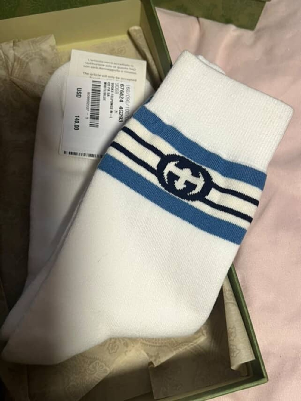 Gucci White Socks with Blue & Navy GG Stripe